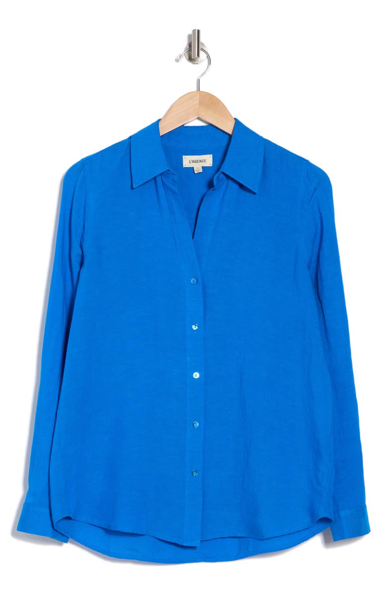 L'AGENCE Nina Linen Blend Button-Up Shirt, Alternate, color, Bright Royal