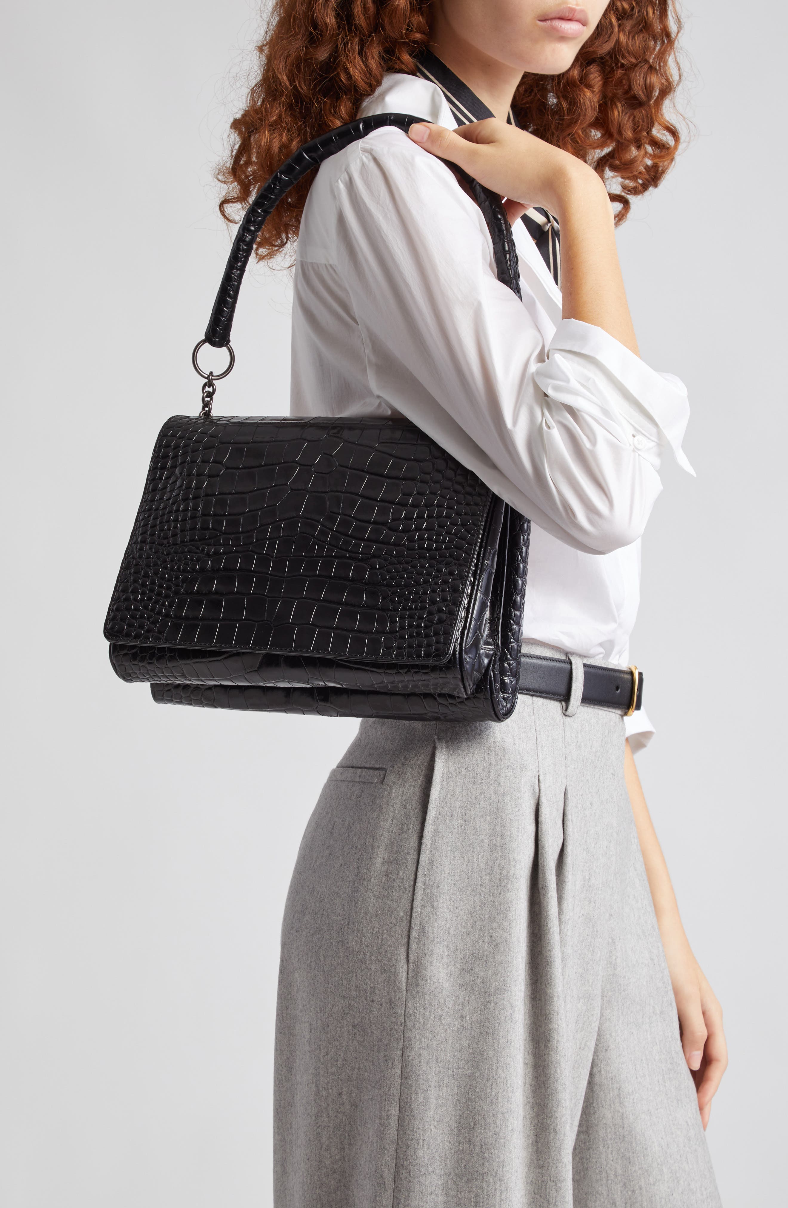 gu-de Medium Fame Croc Embossed Shoulder Bag, Alternate, color, 