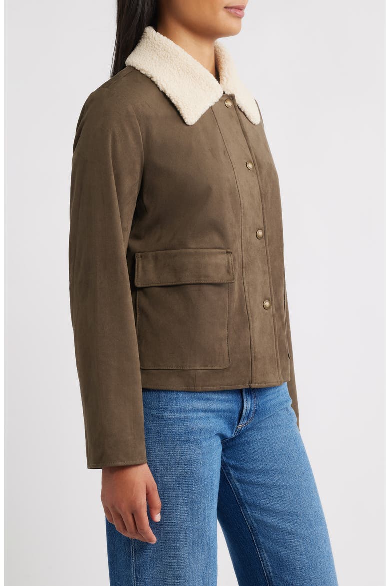 Faux Leather Jacket with Faux Shearling Collar, Alternate, color, LODEN
