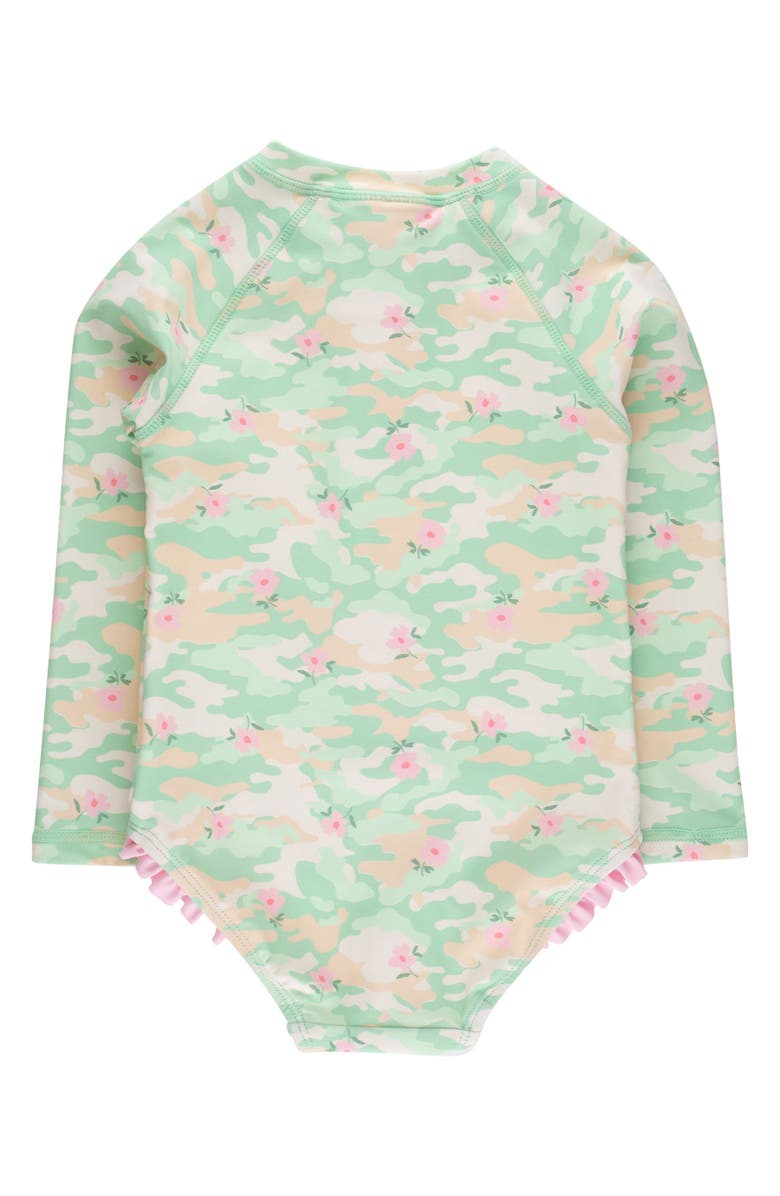 RuffleButts Girls UPF50+ Sun Protection Long Sleeve Rash Guard One Piece, Alternate, color, Sage Blossom Camo