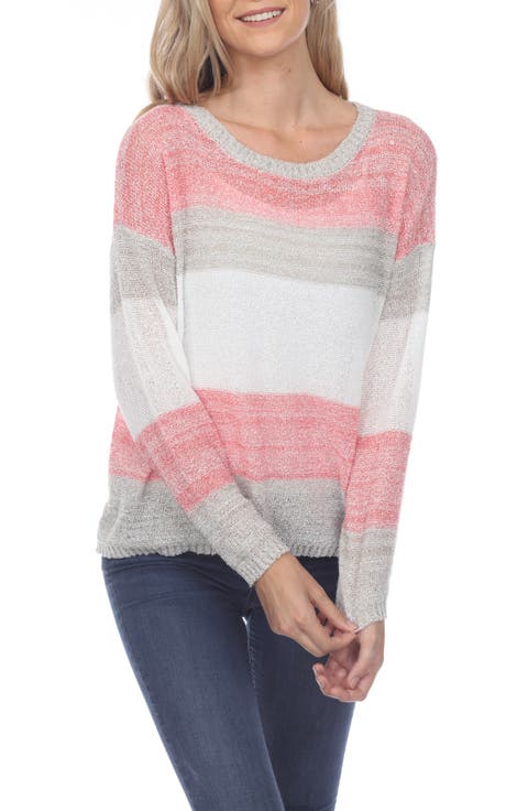 Stripe Long Sleeve Openwork Knit Top