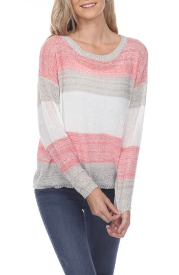 RAIN AND ROSE RAIN AND ROSE STRIPE LONG SLEEVE OPENWORK KNIT TOP 