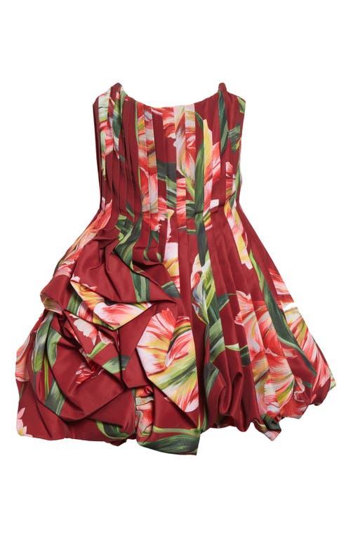 Carolina Herrera Tulip Print Pleated Draped Minidress In Burgundy