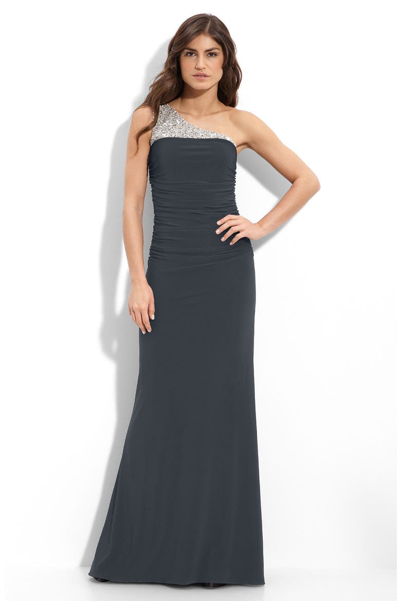 Beaded One Shoulder Jersey Gown, Main, color, CHARCOAL/ NUDE