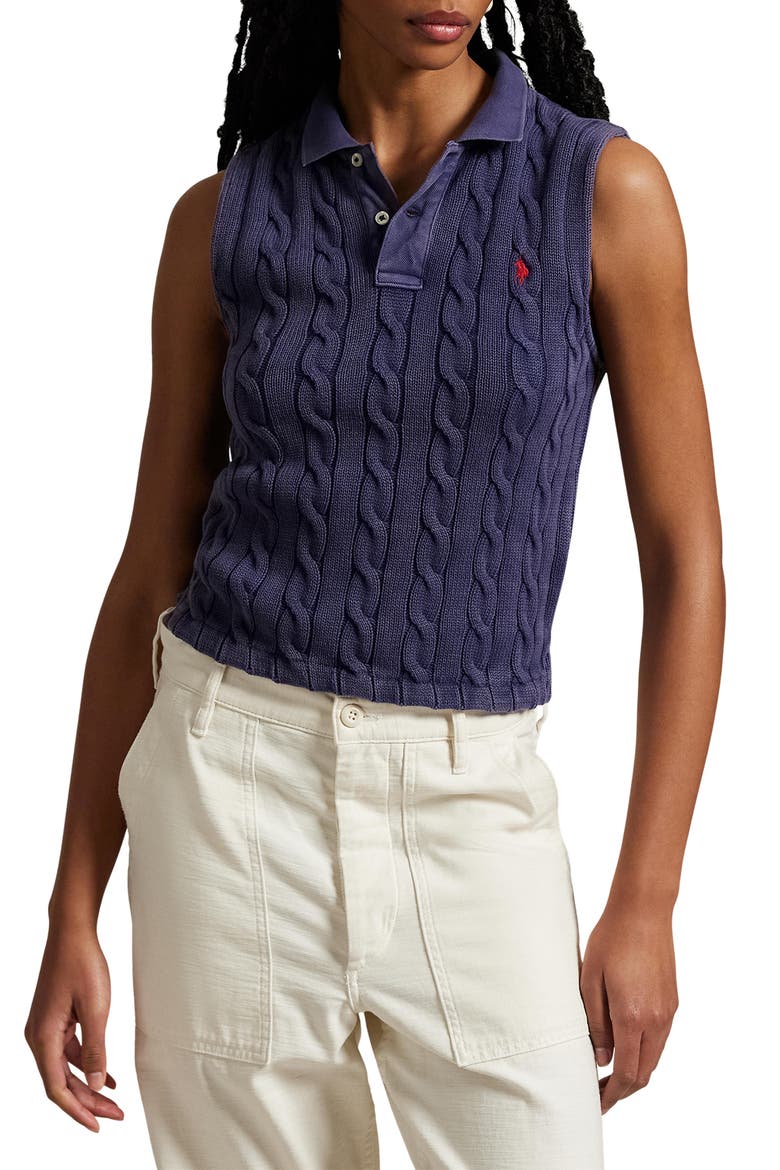 Cable Sleeveless Cotton Polo Sweater, Main, color, NEWPORT NAVY