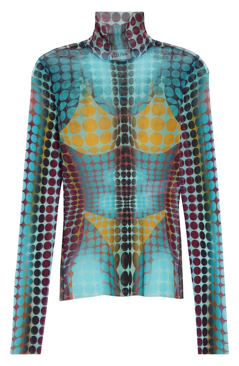 Jean Paul Gaultier Re-Edition Polka Dot Trompe l'Oeil Long Sleeve Mesh Top, Main, color, Blue/ Purple/ Yellow