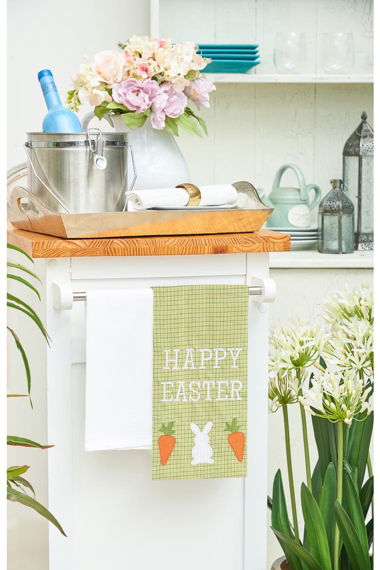 "Happy Easter" Bunny Rabbit & Carrots 100% Cotton Green Plaid Dishtowel, Alternate, color, Green