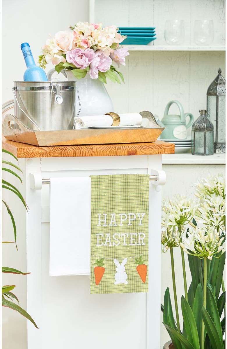C&F Home "Happy Easter" Bunny Rabbit & Carrots 100% Cotton Green Plaid Dishtowel, Alternate, color, Green