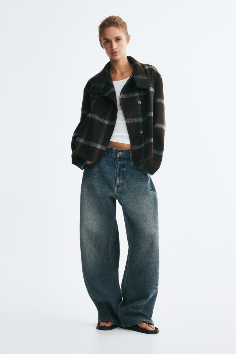 Felted Funnel-Collar Jacket, Main, color, Brown/plaid