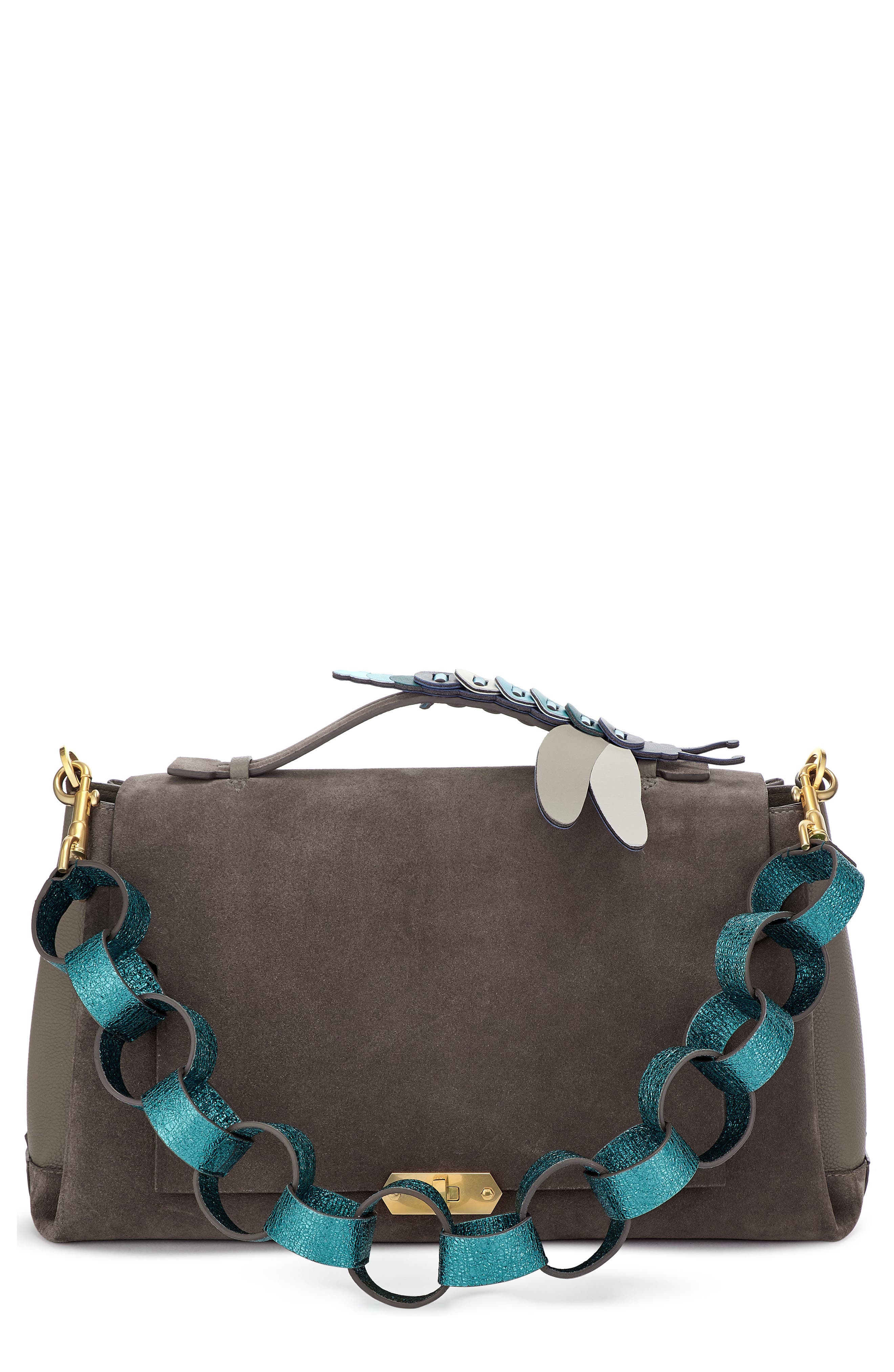 Anya Hindmarch Bathurst Dragonfly Detail Leather & Suede Satchel, Main, color, 