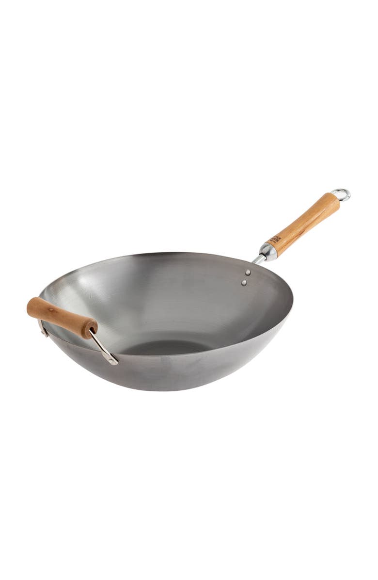JOYCE CHEN Uncoated Carbon Steel Flat Bottom Wok with Birch Handles, 14-Inch, Main, color, Metallic Silver