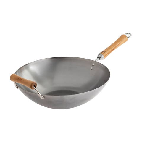 Uncoated Carbon Steel Flat Bottom Wok with Birch Handles, 14-Inch
