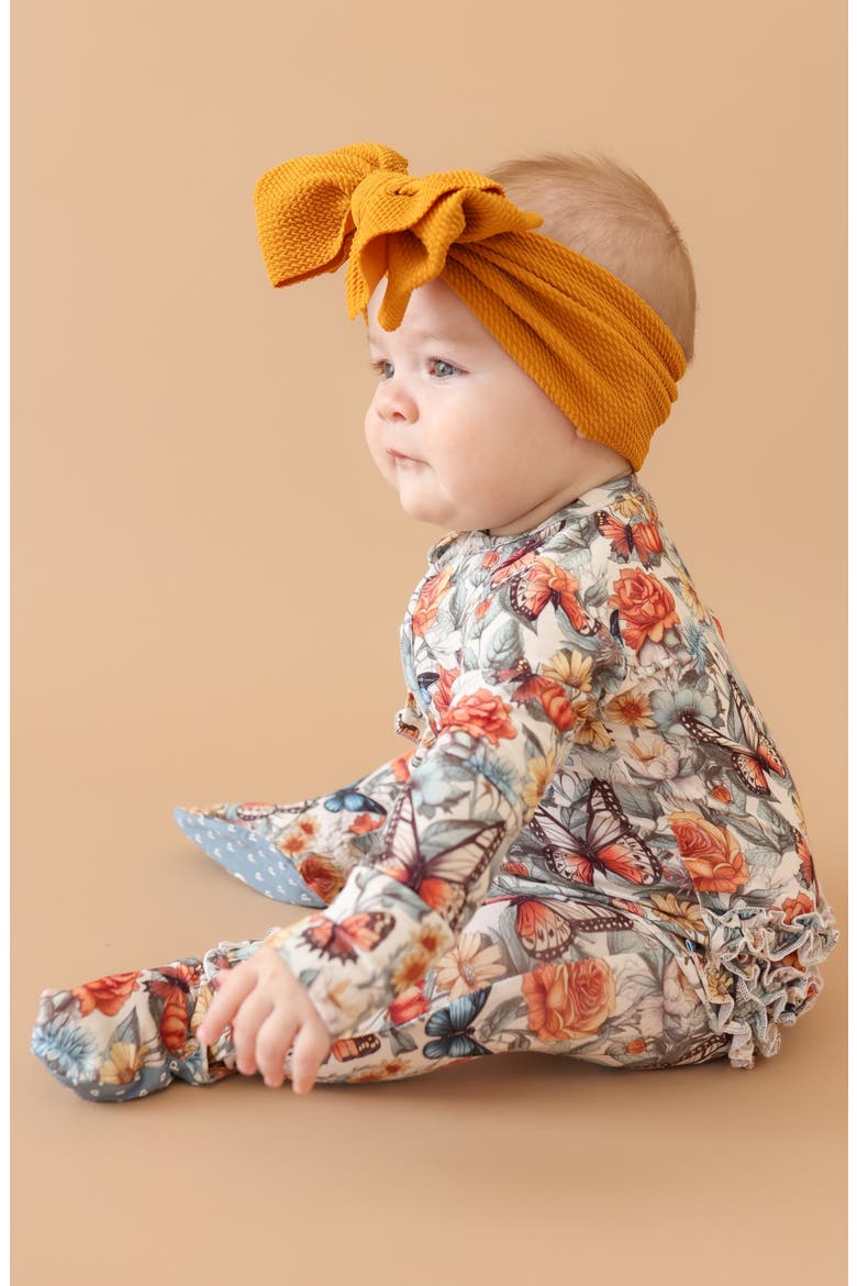 Floral Ruffle Zip Footie, Alternate, color, BEIGE