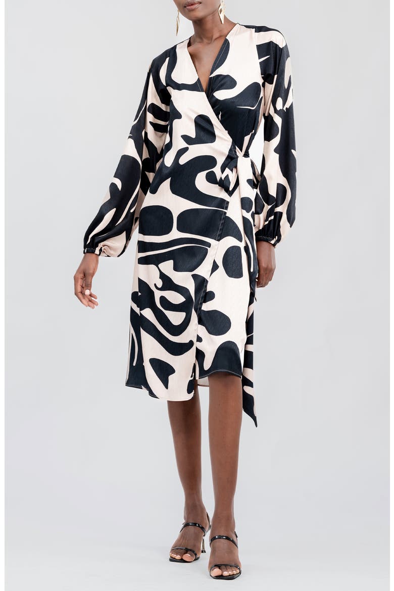 Lala Long Sleeve Midi Wrap Dress, Main, color, BLACK