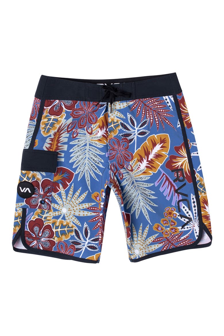 'Eastern' Scalloped Hem Board Shorts, Main, color, BLUE FLORAL