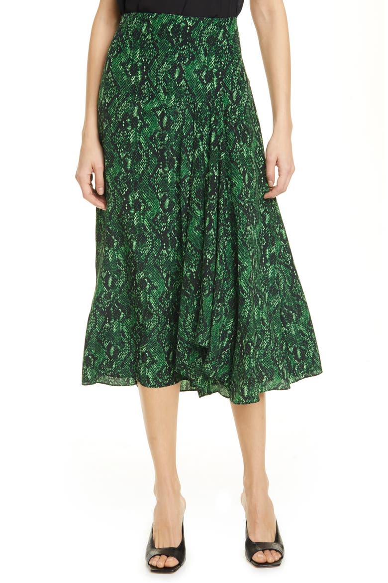 Ramos Snake Print Silk Midi Skirt, Main, color, GREEN