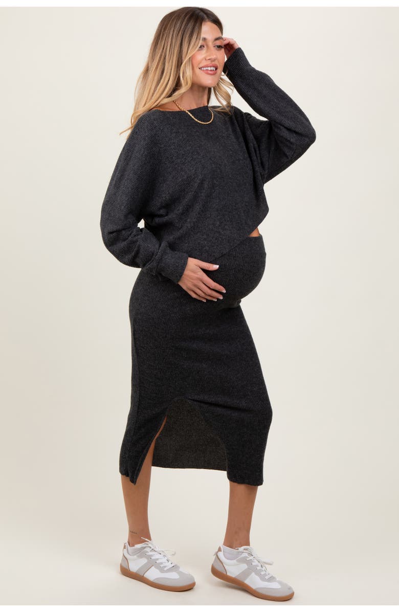 PinkBlush Ribbed Knit Asymmetric Top Midi Skirt Set, Alternate, color, Charcoal Grey