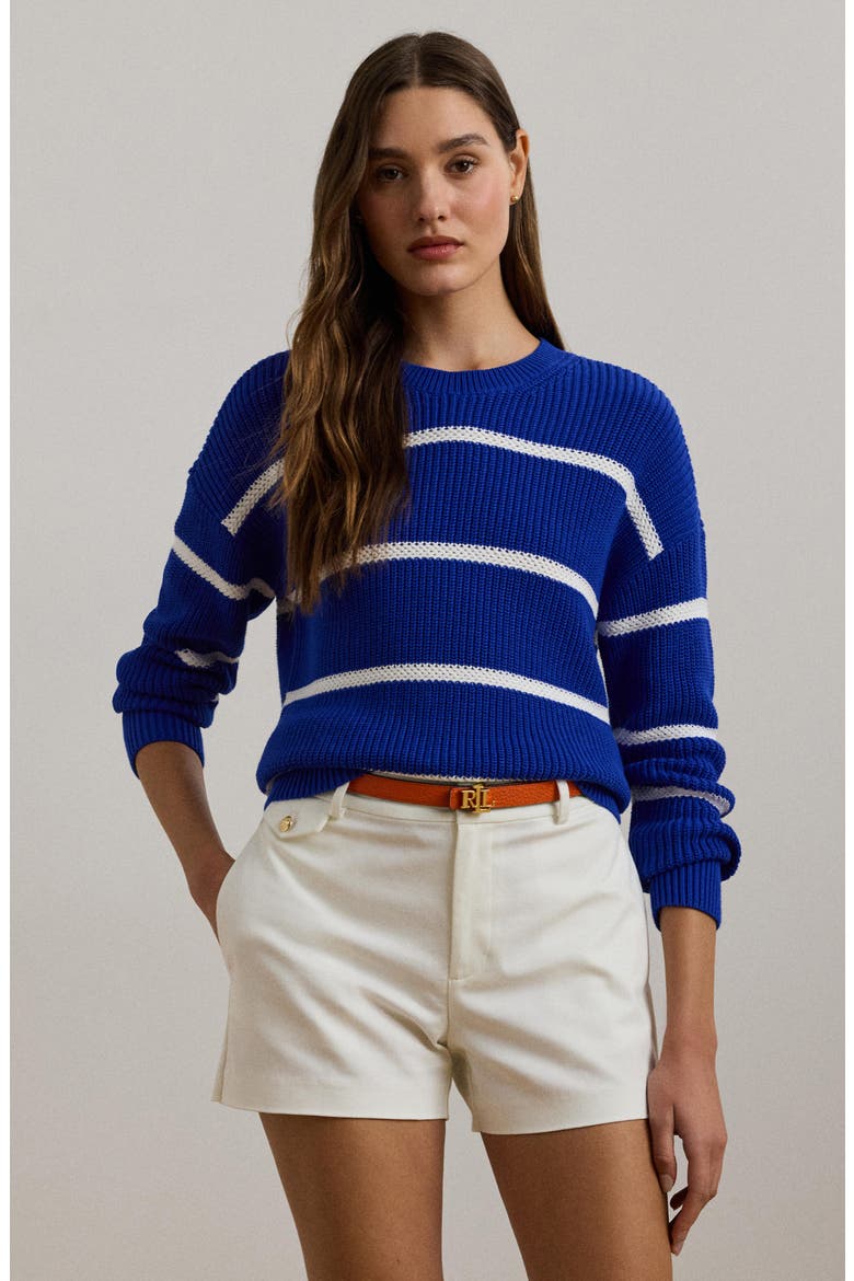 Stripe Linen Crewneck Sweater, Alternate, color, NEW SAPPHIRE/ WHITE