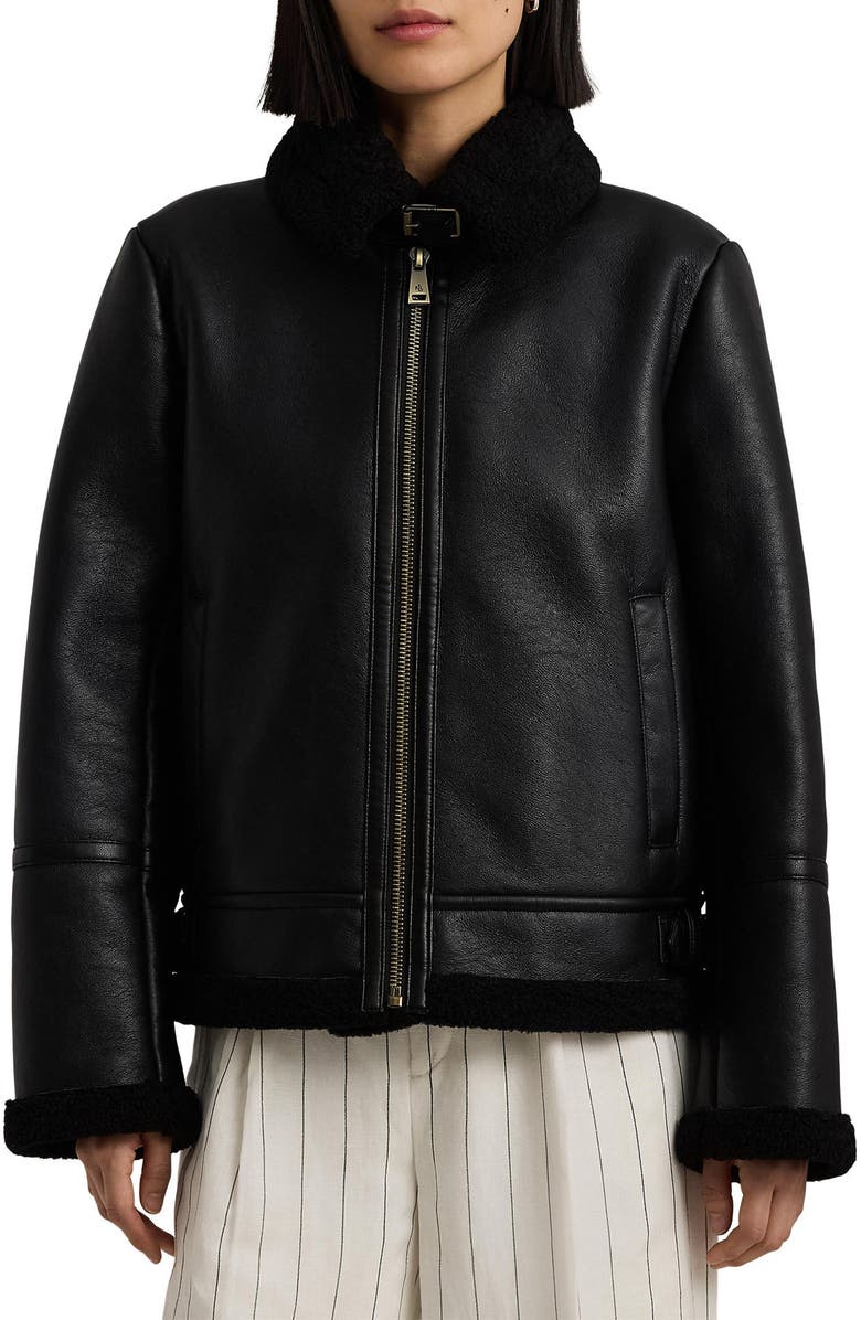 Lauren Ralph Lauren Faux Leather & Faux Shearling Bomber Jacket, Main, color, 