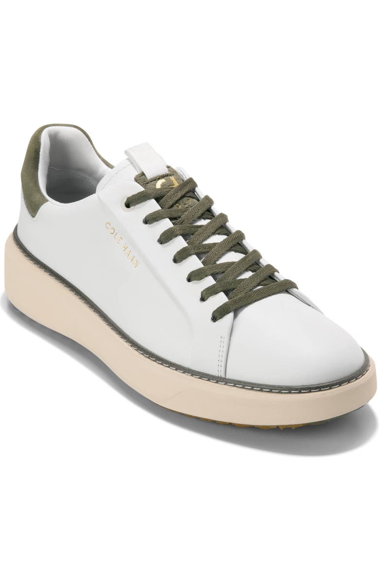 Cole Haan GrandPro Topspin Waterproof Golf Shoe, Main, color, White / Dusty Olive Suede
