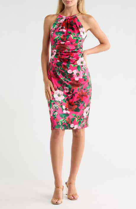 Eliza J Floral Halter Neck Pleated Satin Sheath Dress