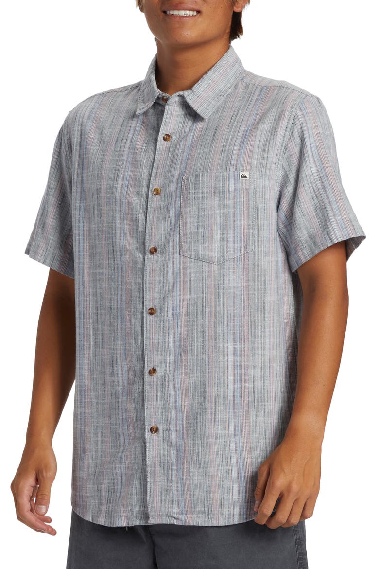 Pyke Stripe Short Sleeve Organic Cotton Button-Up Shirt, Alternate, color, BLUE FOG SPRAY SLUB