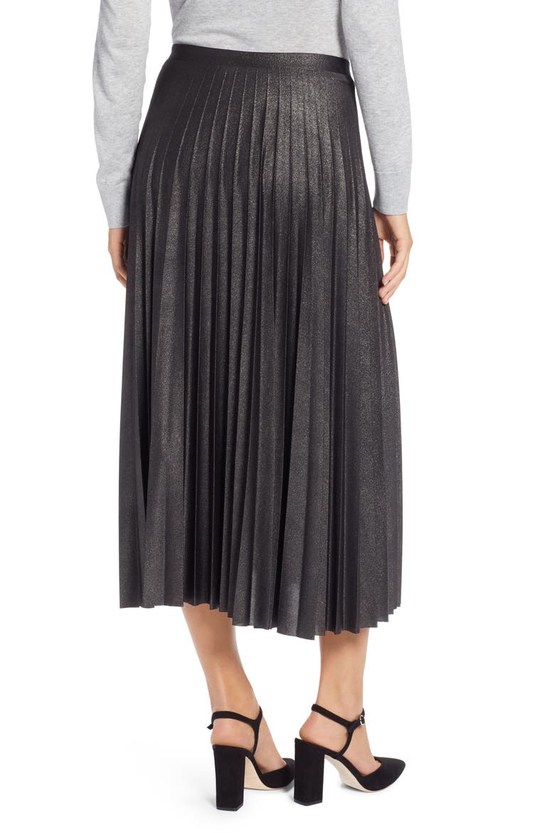Metallic Pleat Midi Skirt, Alternate, color, BLACK FOIL