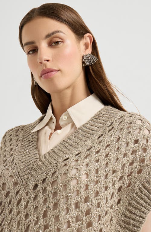 Brunello Cucinelli Beige Silk And Linen Dazzling Net Sweater In Brown