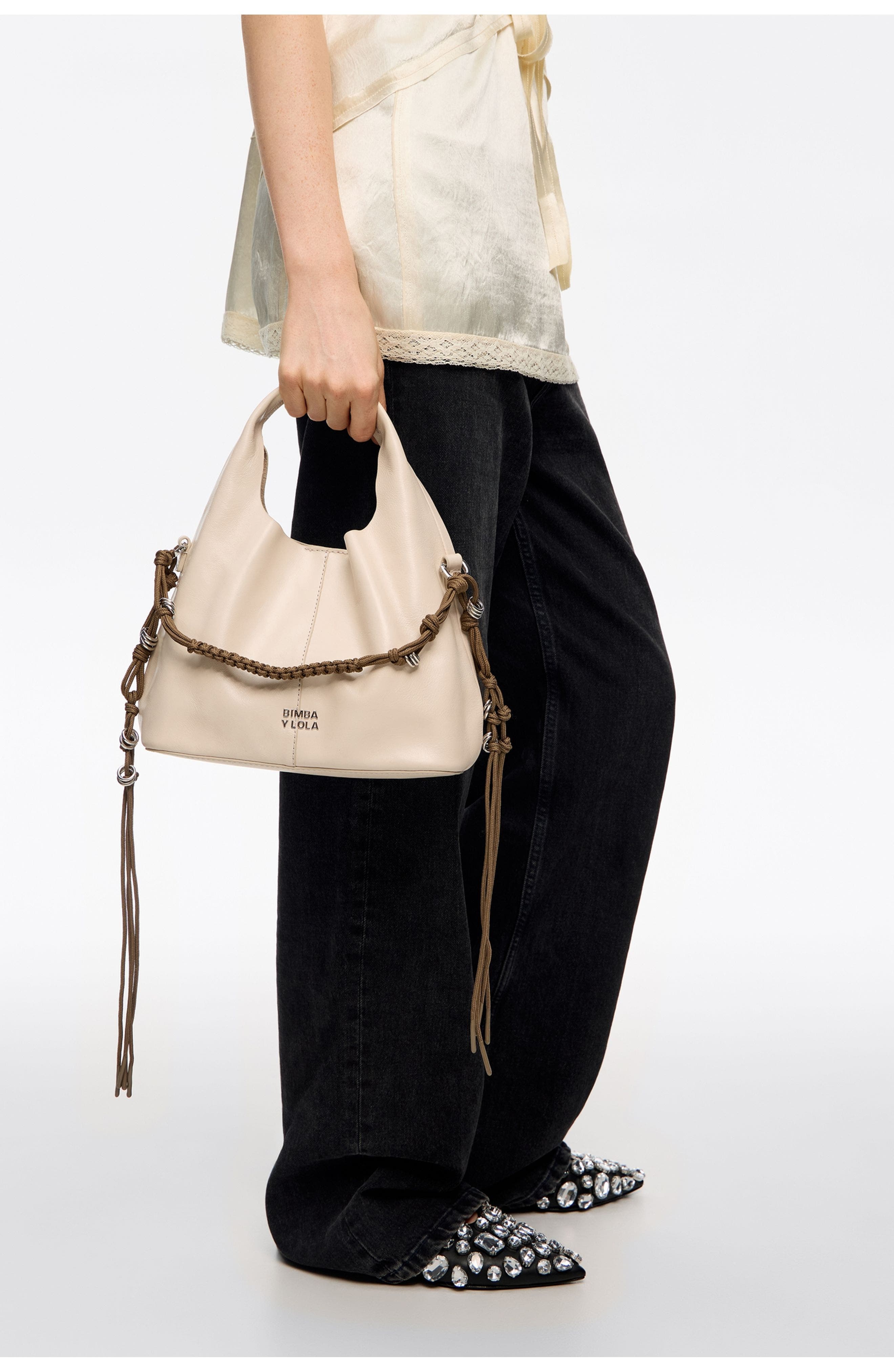 Bimba y Lola Leather Plaited Handle Paper Bag, Alternate, color, Ivory