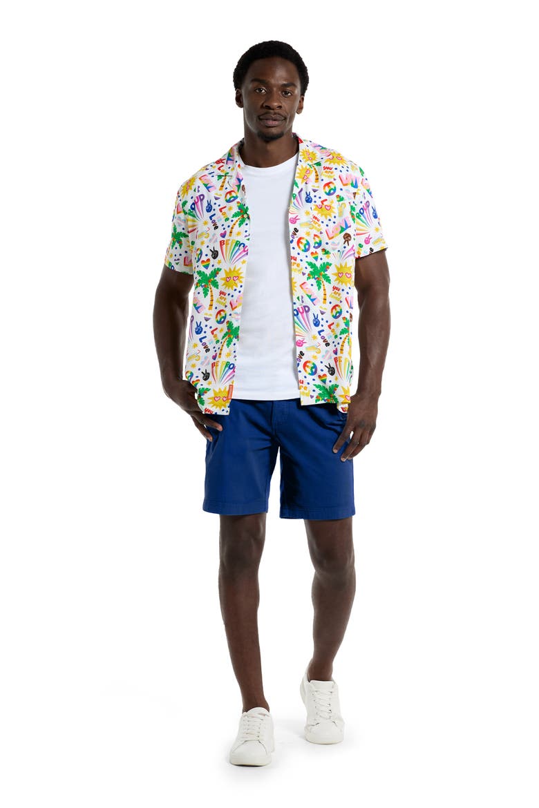 Relaxed Fit Tropic Pride Icons Print Camp Shirt, Alternate, color, WHITE