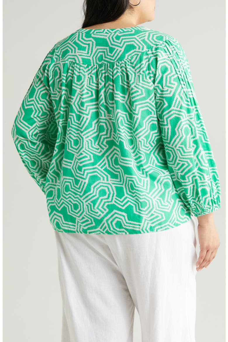 Print Split Neck Cotton Popover Top, Alternate, color, GREEN BRIGHT- IVORY LADDER GEO