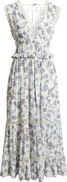 Treasure & Bond Floral Lace Trim Tiered Midi Dress