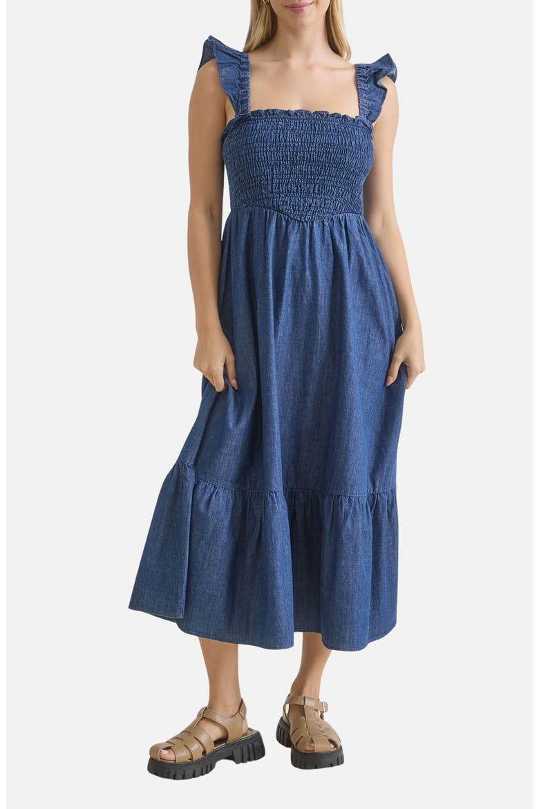 Smocked Denim Midi Dress, Main, color, DARK DENIM