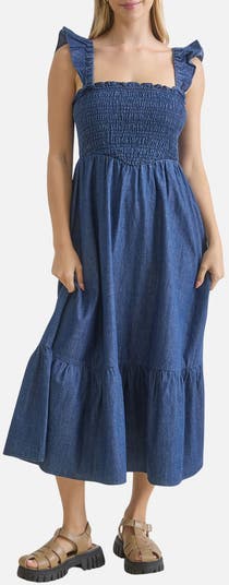 Blu Pepper Women's Smocked Denim Midi Dress - Blue - Casual dresses