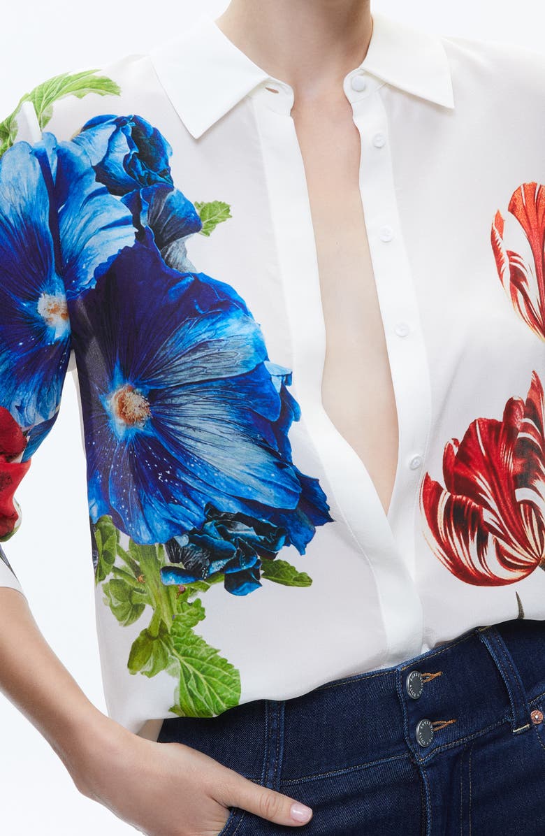 Alice + Olivia Willa Floral Silk Button-Up Shirt, Alternate, color,