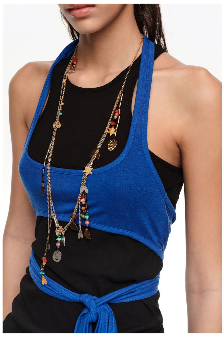 Belt necklace with metal silhouettes multicolor stones, Alternate, color, GOLD