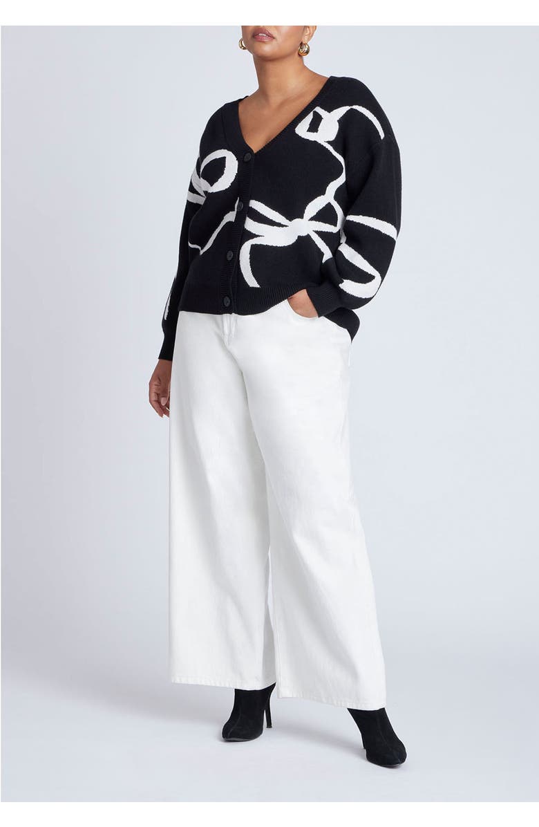 ELOQUII Bow Print Cardigan, Alternate, color, Black White