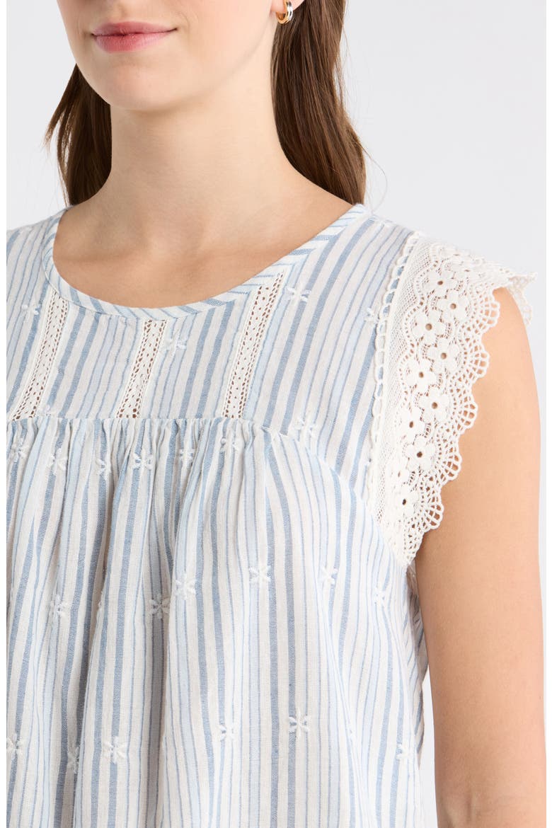 Lace & Embroidery Detail Stripe Cotton & Linen Top, Alternate, color, BLUE STRIPE
