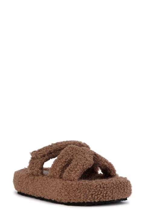 Honor Faux Shearling Platform Slide Sandal (Women)
