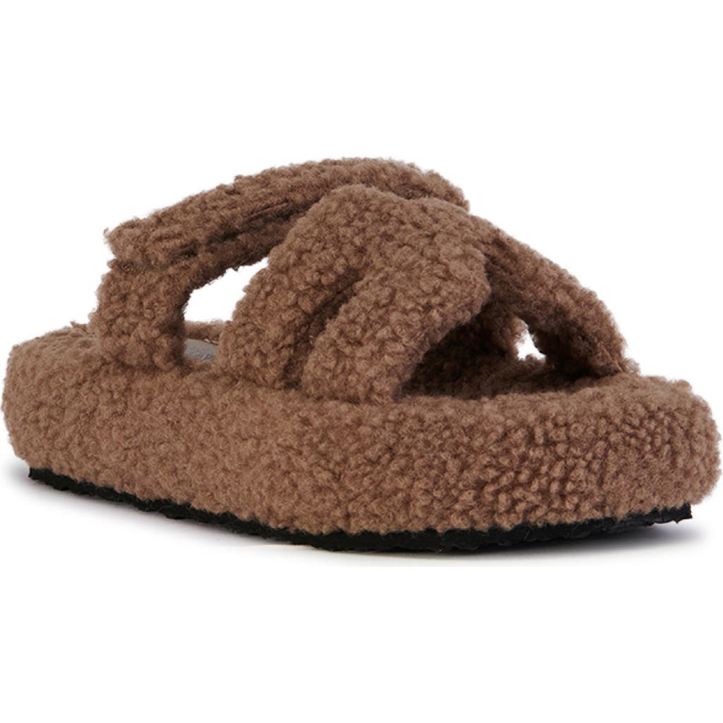 Azalea Wang Honor Faux Shearling Platform Slide Sandal In Brown