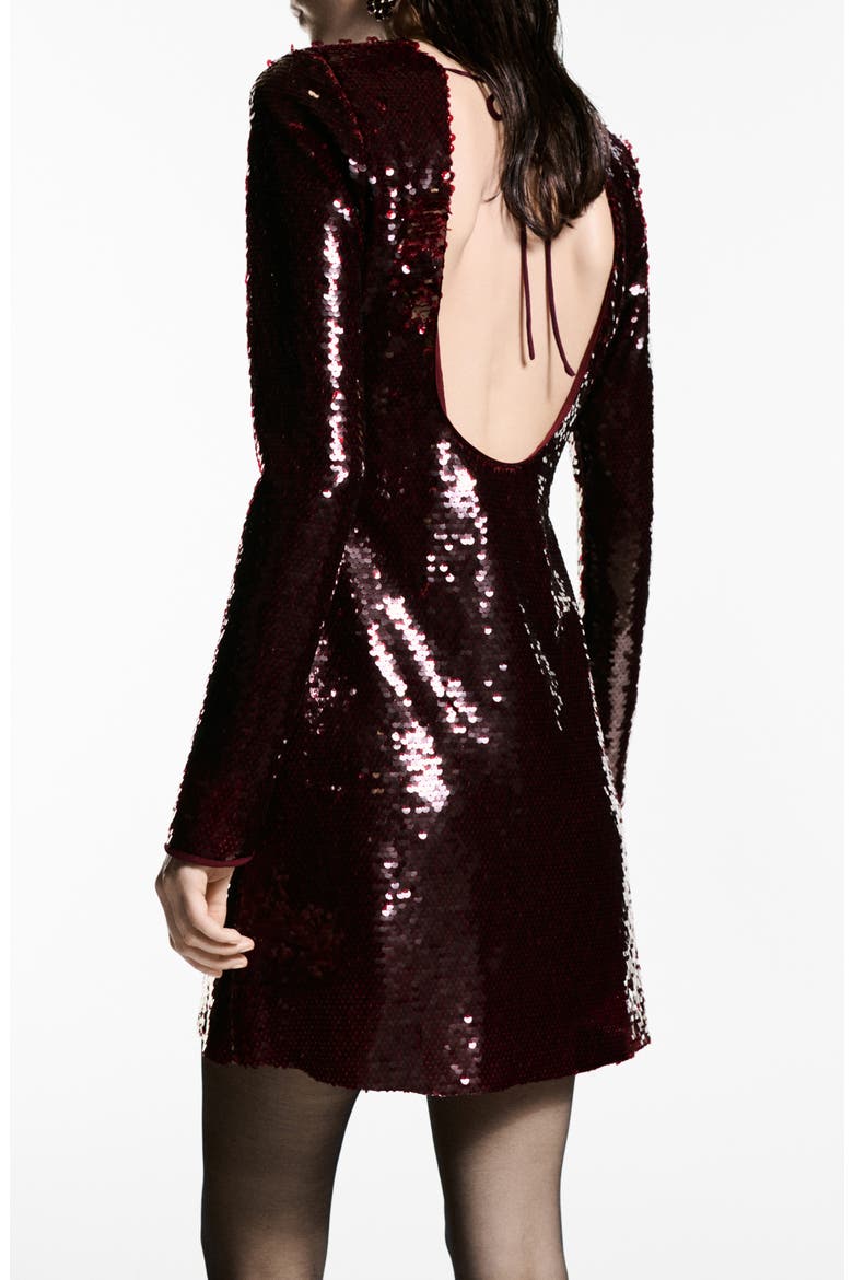 Scoop Back Long Sleeve Sequin Minidress, Alternate, color, MAROON
