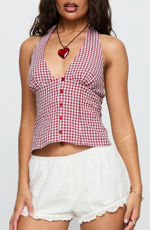 Isolda Check Crop Halter Top