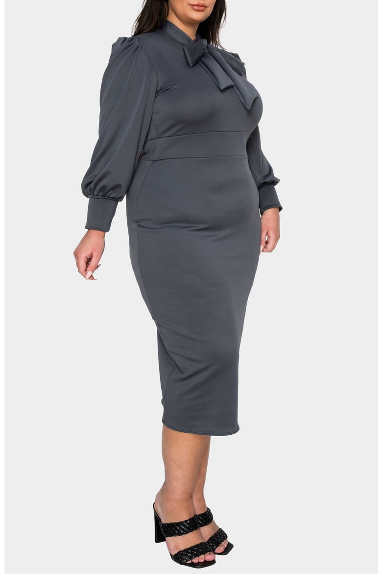 Anastasia Tie Neck Long Sleeve Dress, Alternate, color, CHARCOAL