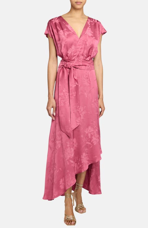 Fallon Midi Dress with Hi-Lo Skirt in Tonal Floral Jacquard