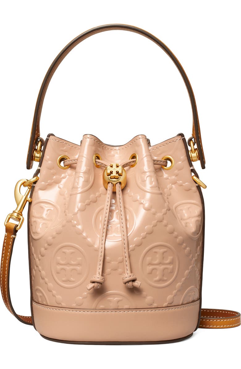 Tory Burch Mini T Monogram Embossed Patent Leather Bucket Bag, Main, color,