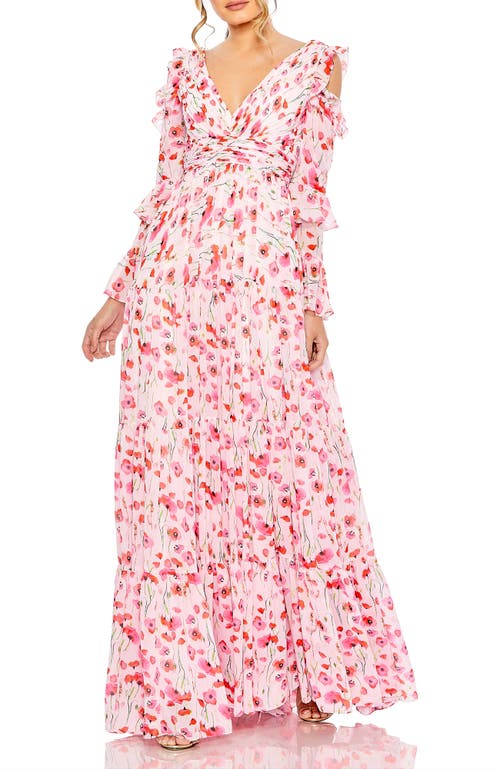 Mac Duggal Ruffle Sleeve Floral Print Gown In White Multi