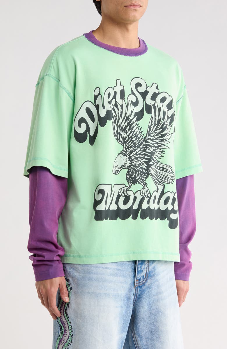 DIET STARTS MONDAY Layered Look Cotton Graphic T-Shirt, Alternate, color, Teal/Purple