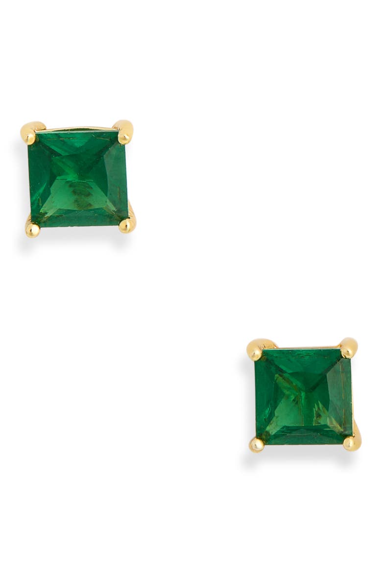 Princess Cut Cubic Zirconia Stud Earrings, Main, color, EMERALD- GOLD