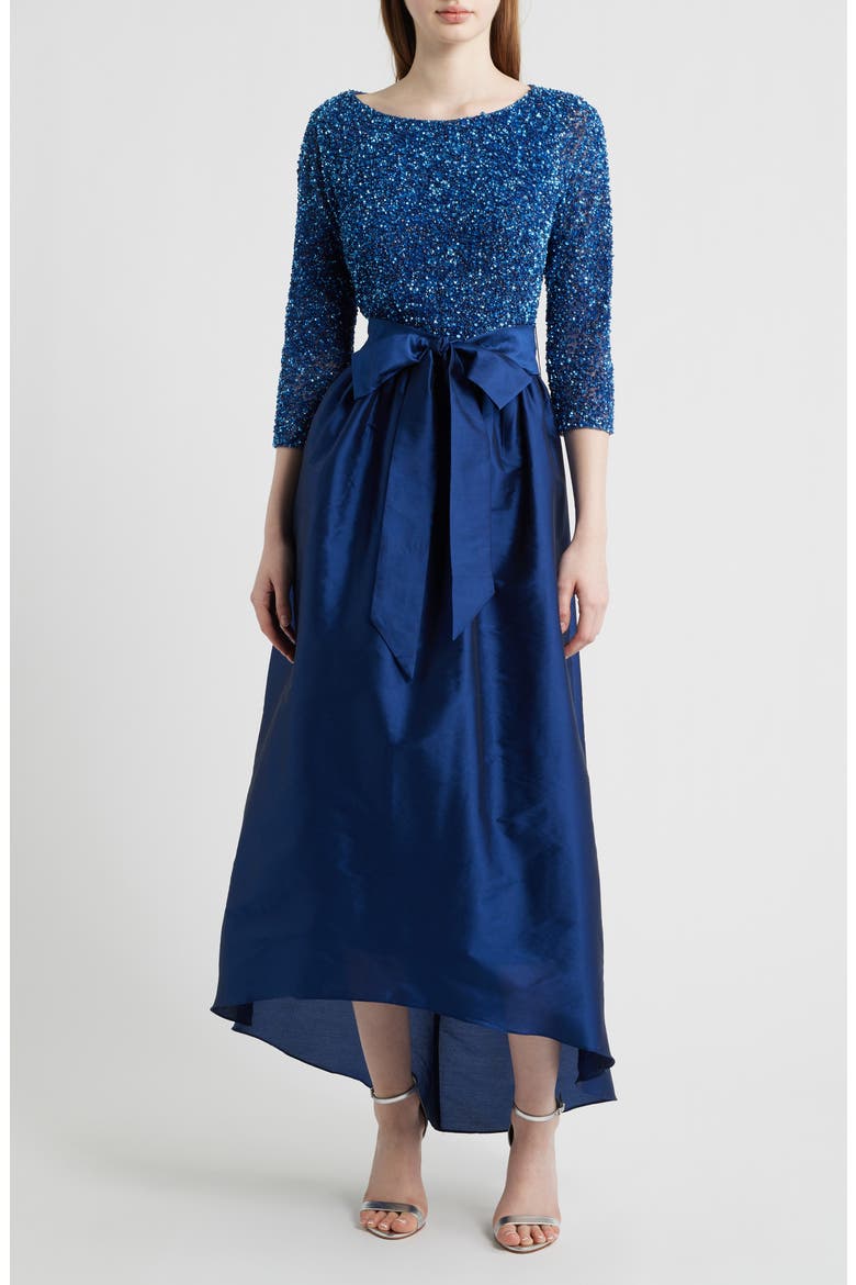 Beaded Bodice Taffeta A-Line Gown, Main, color, DENIM 427