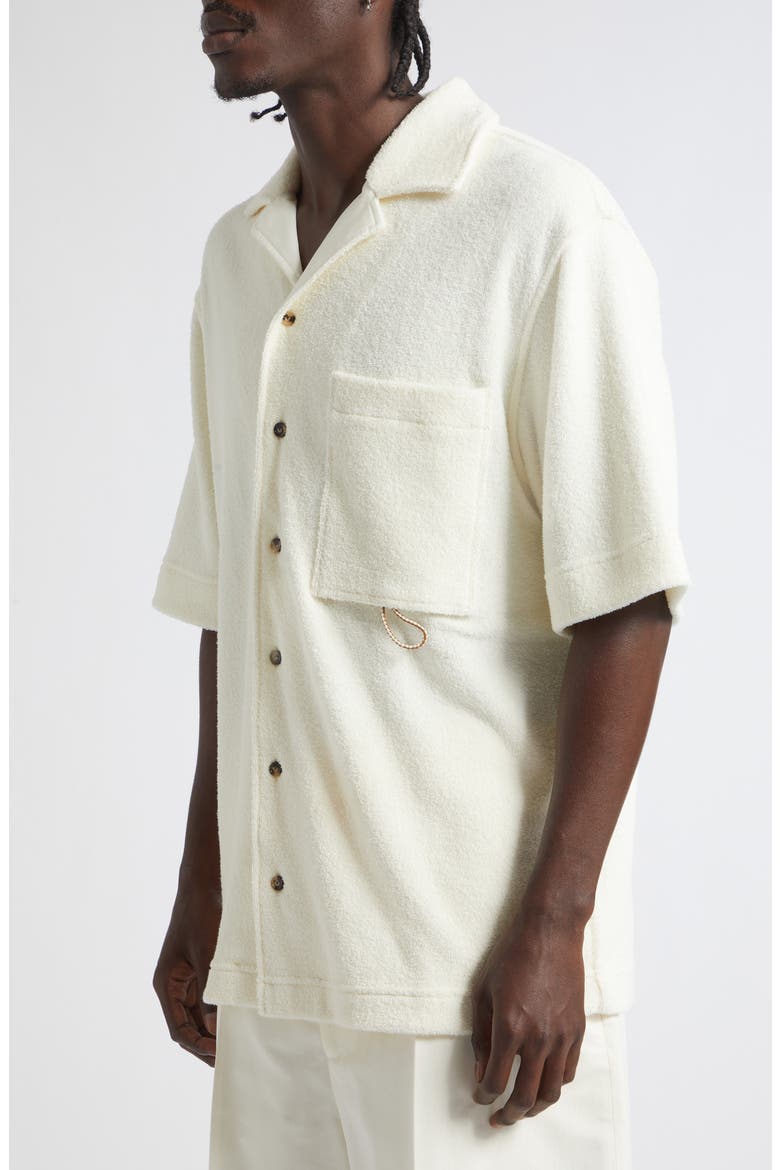 Short Sleeve Cotton Blend Terrycloth Button-Up Shirt, Alternate, color, PARCHMENT